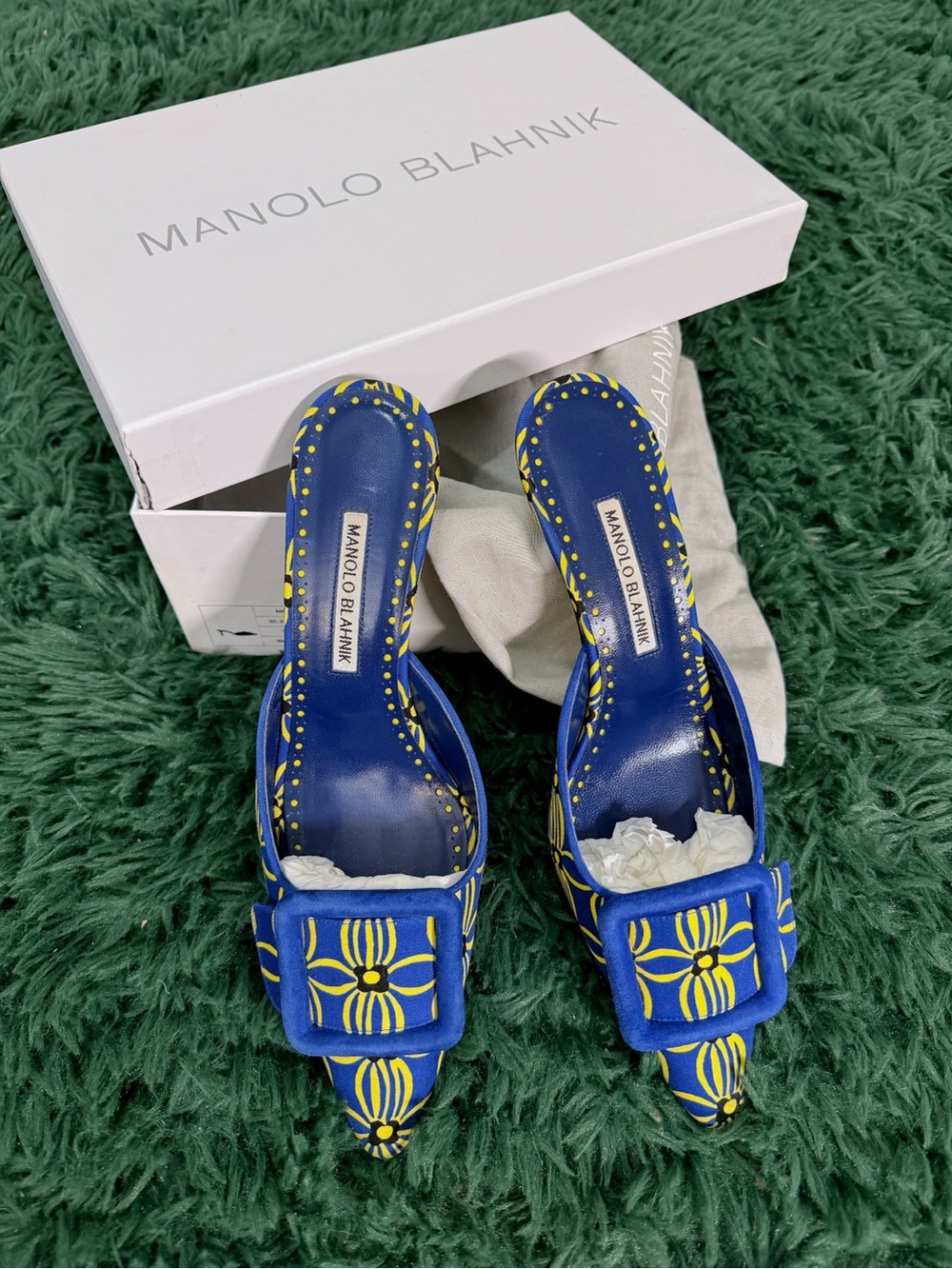 Manolo Blahnik Blue and Yellow Patterned Pointed Toe Mules with Buckle Detail